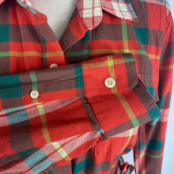 L.L. Bean Signature Madras Camp Shirt Dress Red Plaid Button Down Womens Size 10 - Picture 12 of 16